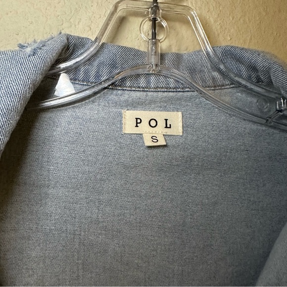 064. POL Distressed Oversized Crop Denim Ripped Stripe Crochet Sleeve Jacket - Picture 11 of 14